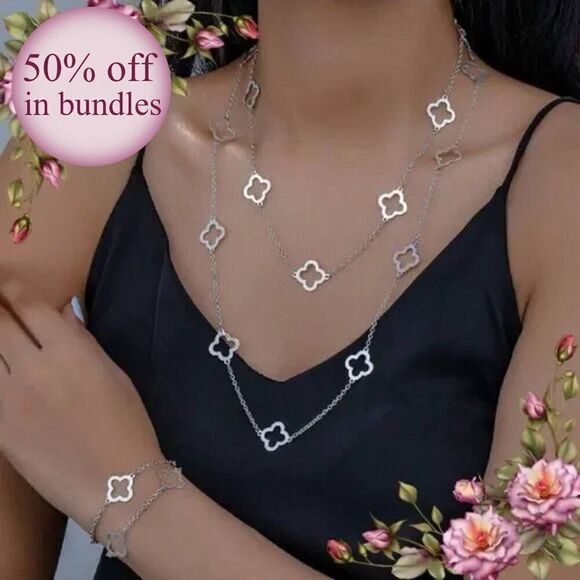 Clover Design Necklace And Bracelet Set - Picture 1 of 12